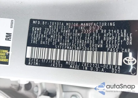 2022 Toyota Corolla Le из США, поврежденный, VIN 5YFEPMAE5NP304800